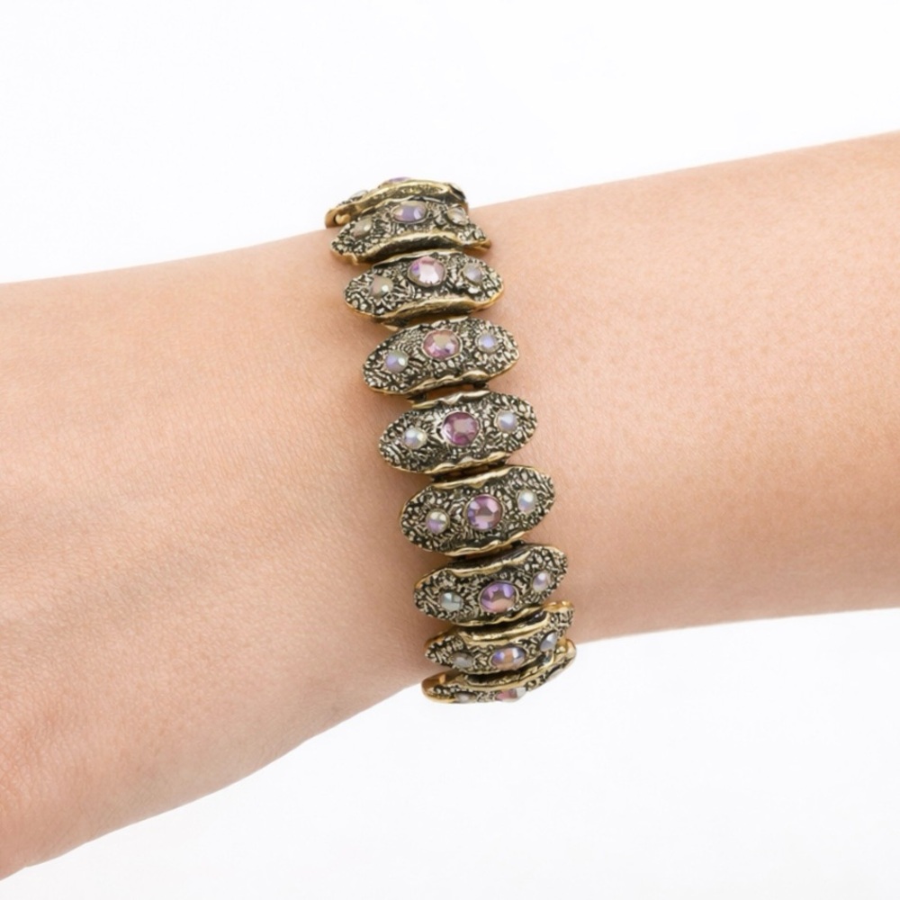 Vintage Judy Lee Aurora Borealis Crystal Pearl Gold Tone Mid Century Bracelet